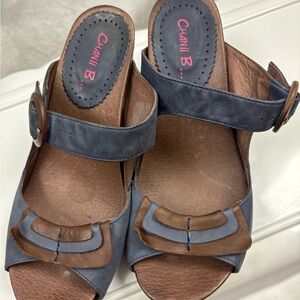 Chanii B Navy/Brown Wedge Sandals with Adjustable Straps 38